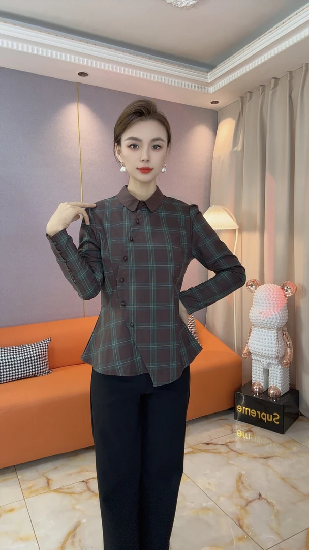 时尚秋季衬衫长袖显瘦格子衬衫纽扣翻领格纹休闲上衣Z7293-1