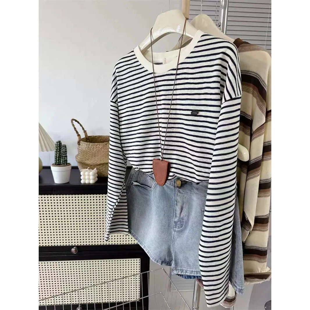 『慵懒风』·外贸品质·韩款百搭休闲宽松潮流条纹打底衫24184