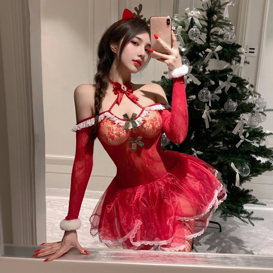 辣么*圣诞新年战袍爆火麋鹿收腰显瘦女网衣裙套装性感蓬蓬裙睡裙