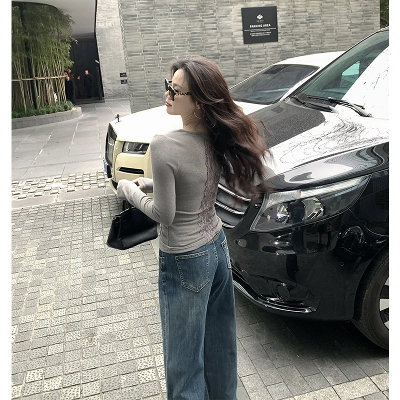 本希benxe/小心机 奶欲jue美拼接蕾丝心机显瘦打底衫上衣