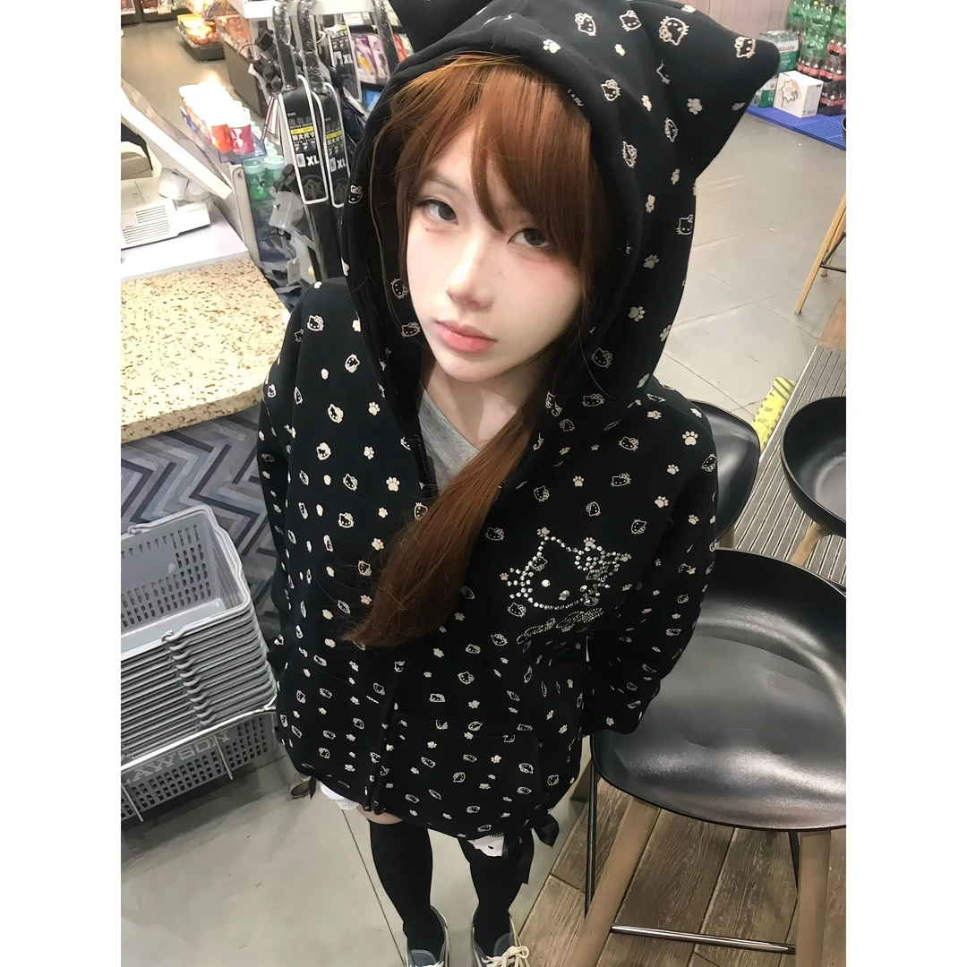 可爱高街满印kitty猫连帽卫衣女春秋慵懒风宽松休闲情侣拉链外套