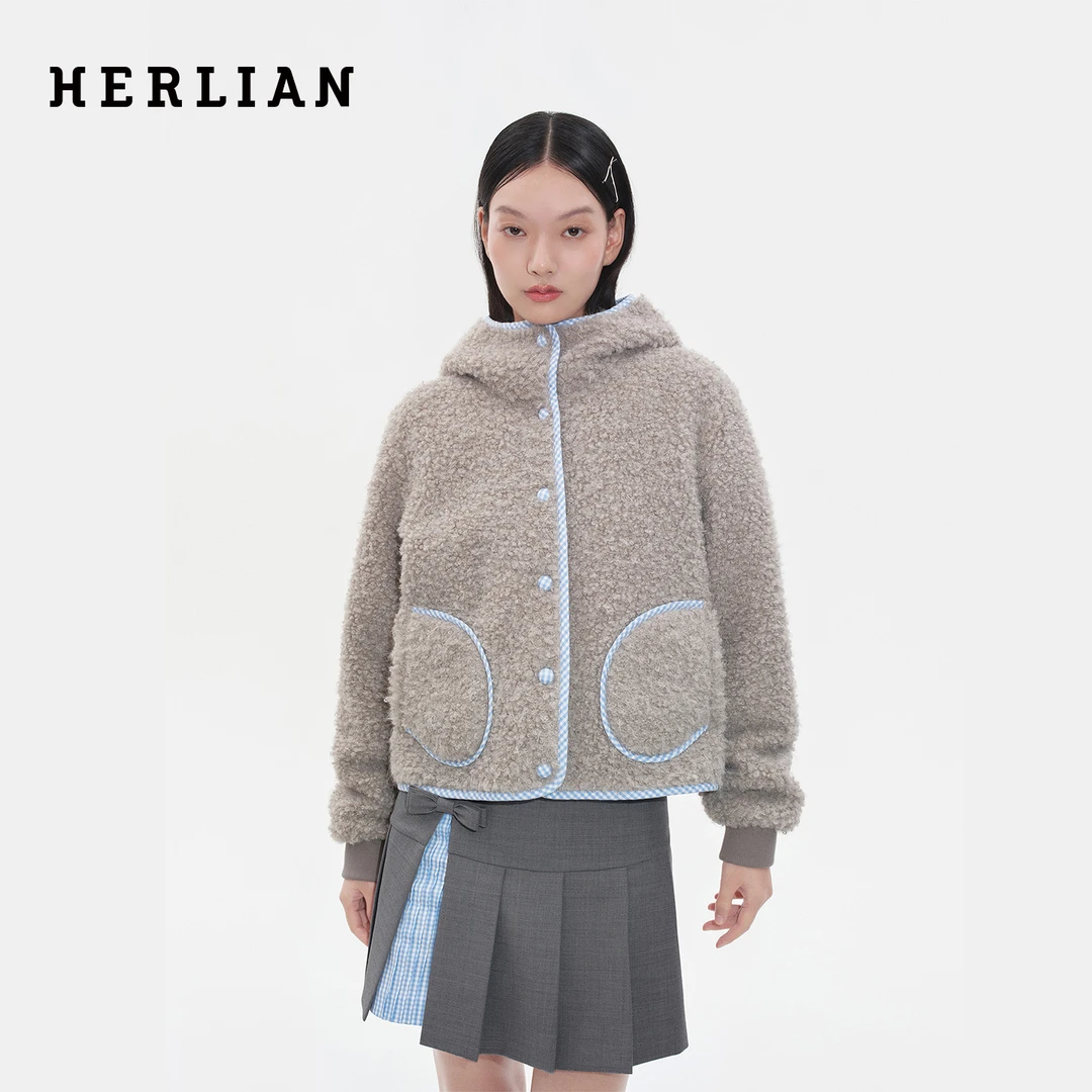 HERLIAN 2025秋季新品女士圈圈毛格纹拼接设计外套
