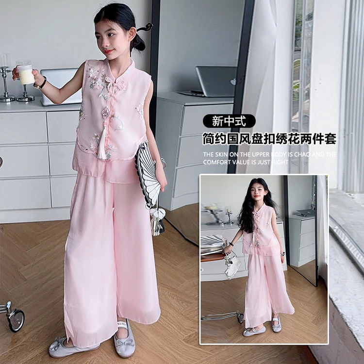 女粉色新中式夏季薄款休闲风套装盘扣唐装绣花女童洋气复古女孩