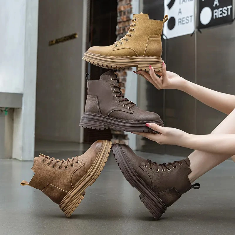 马丁靴女2025春秋真皮单靴短靴复古百搭厚底增高户外英伦风靴子