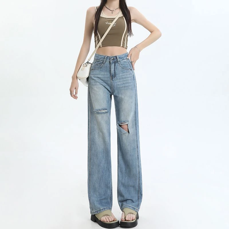夏季阔腿裤高腰百搭牛仔裤垂感显腿细的裤子破洞显瘦复古薄款宽松