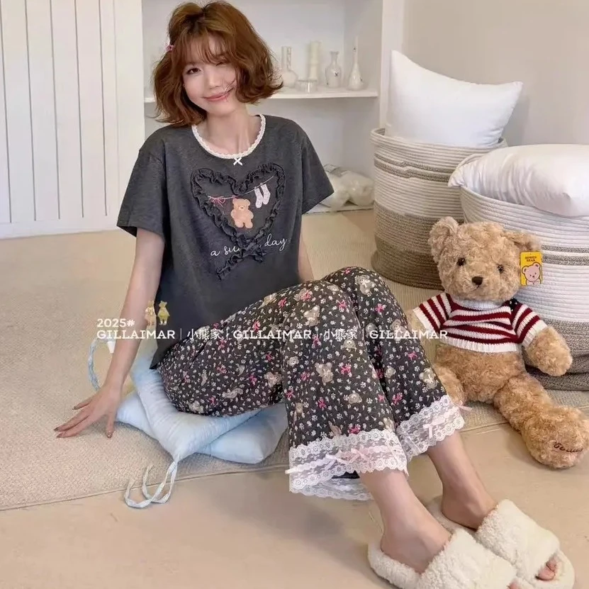 韩版卡通爱心小熊短袖碎花长裤棉质大码宽松睡衣家居服套装25162#