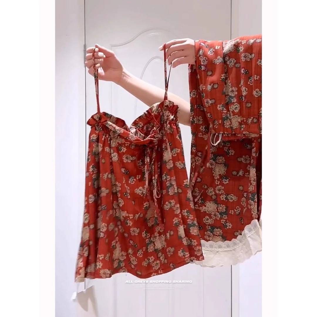 新中式显白复古红色吊带睡衣女夏季新款大码蕾丝边碎花家居服套装