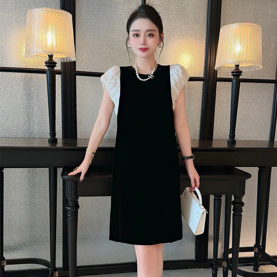 南油高品质气质优雅大爆款真丝丝绒拼色连衣裙薄款