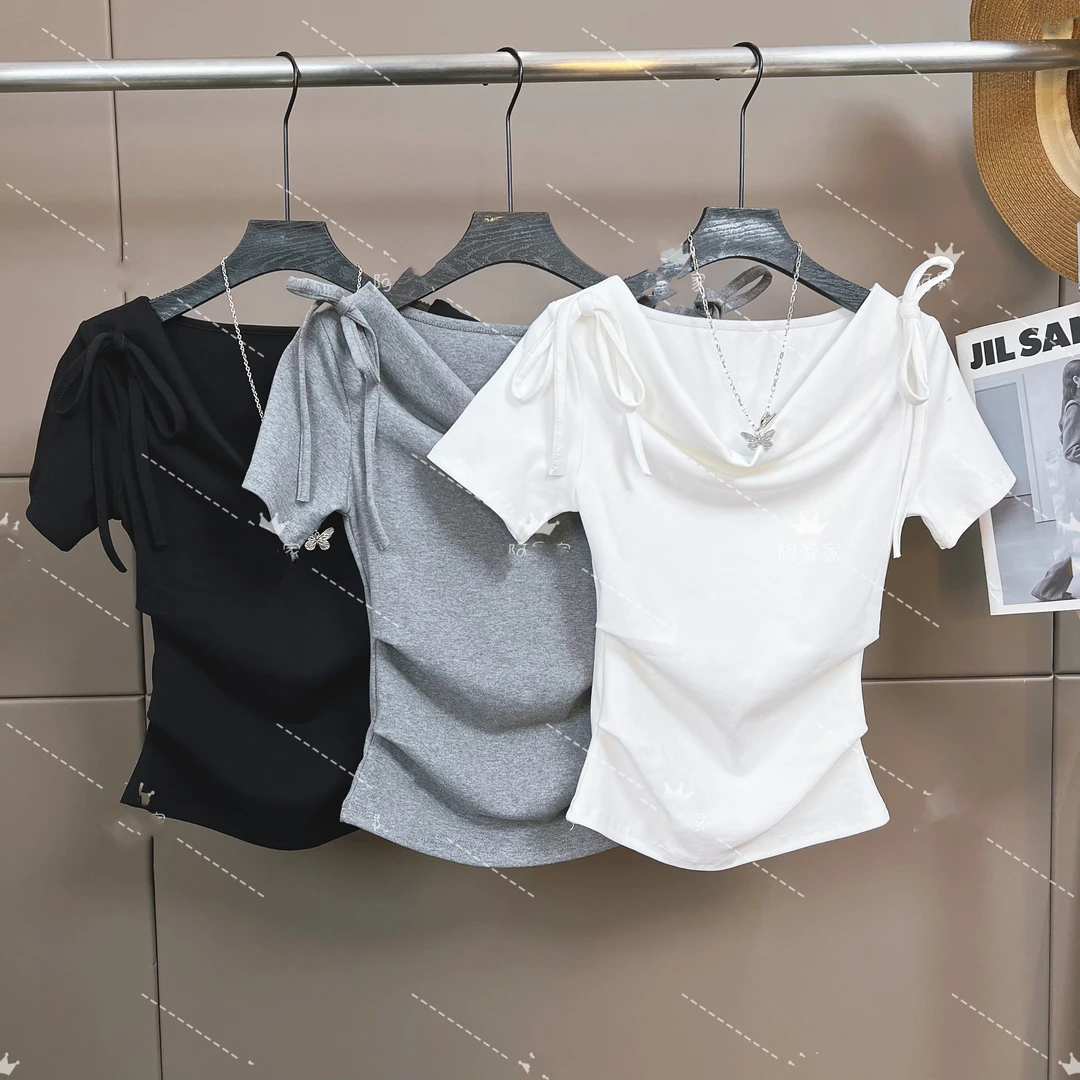 2025夏季新款小众气质上衣女修身显瘦高级设计感正肩短袖T恤上衣