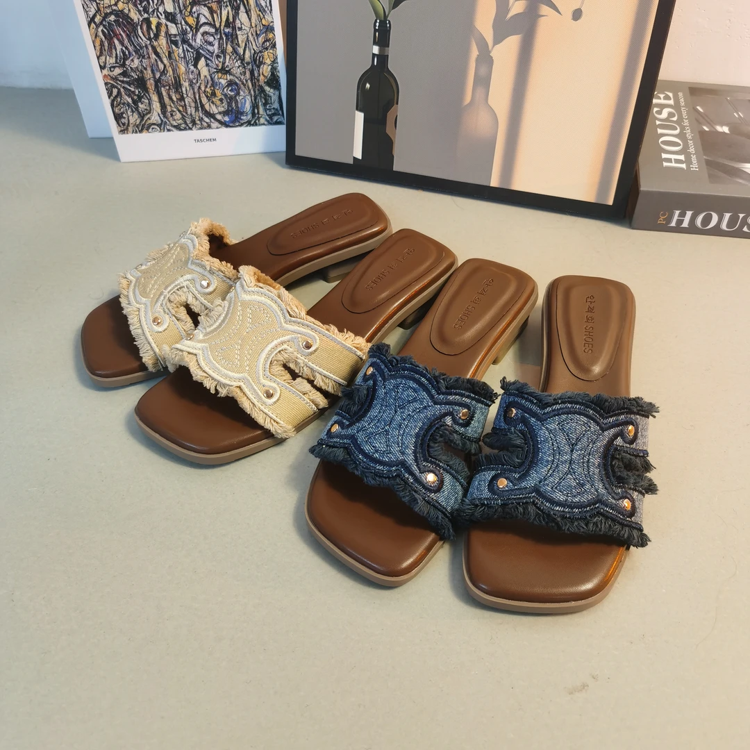 2025夏季新款牛仔一字拖鞋女外穿 法式小凉拖