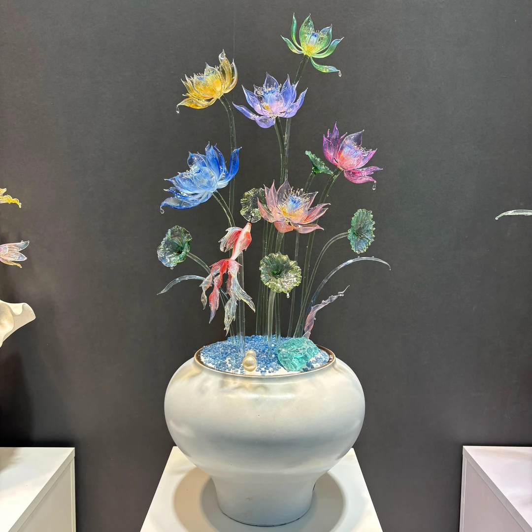淄博琉璃【荷花】【多彩宝莲】纯手工客厅办公室新居书房桌面玄关摆件