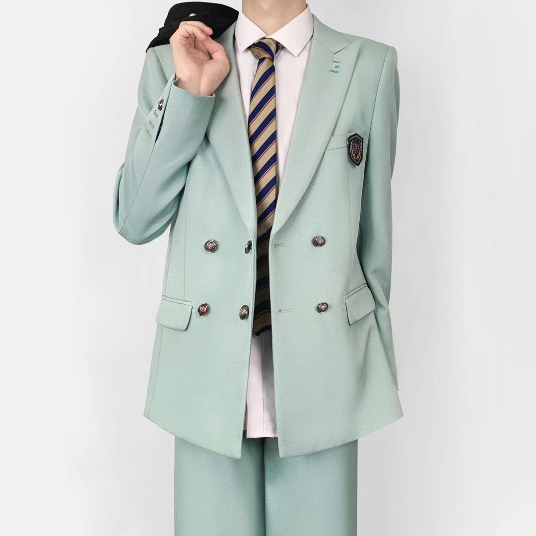 木村叔dk日系原创刺绣浅薄荷绿西服男春秋季学院风校供感西服套装