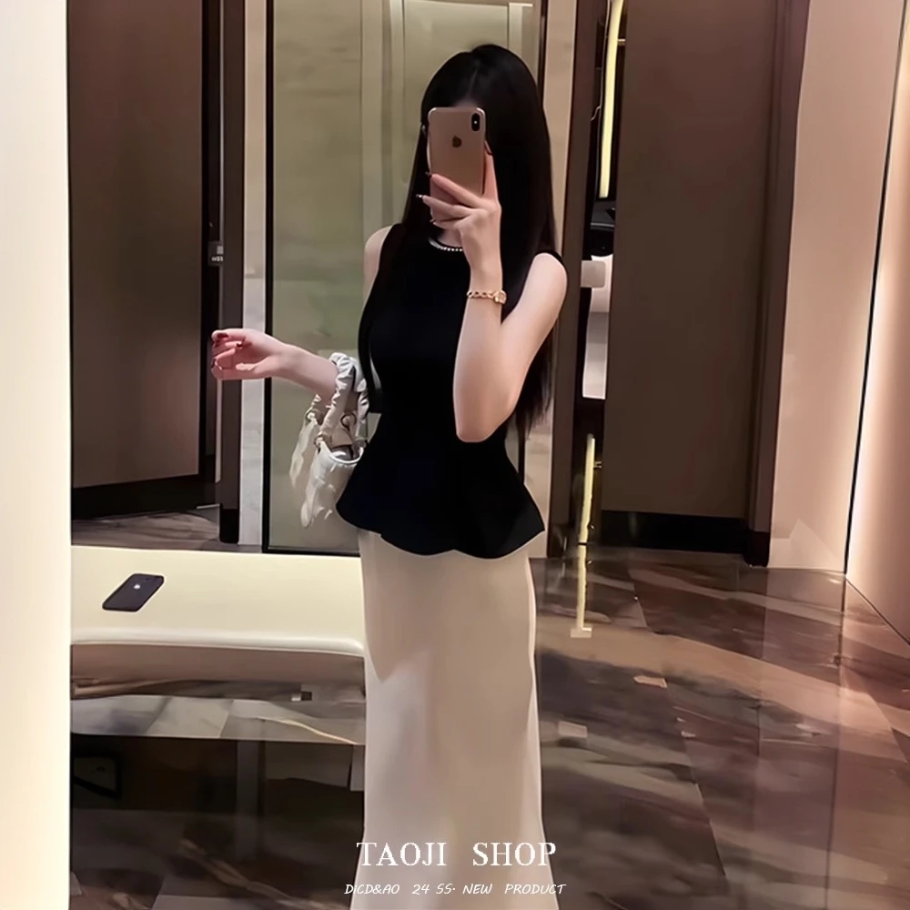 气质轻奢钉珠圆领无袖背心女夏季高级感收腰显瘦辣妹黑色大摆上衣