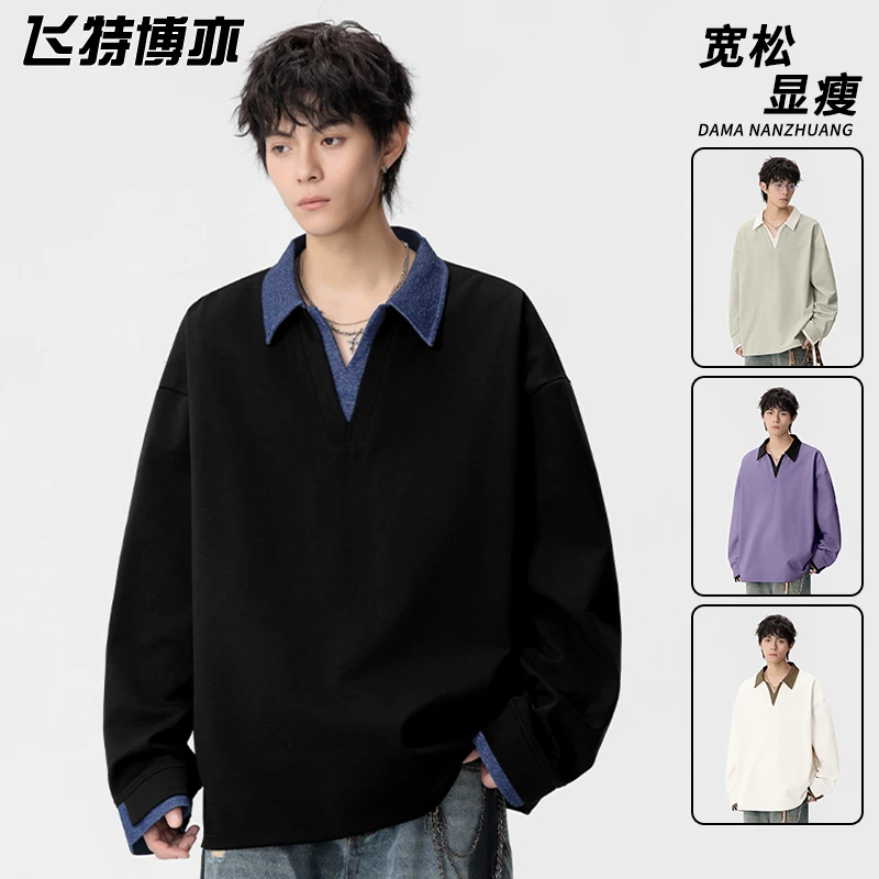 美式潮牌polo卫衣男春秋季时尚百搭翻领上衣宽松大码痞帅长袖t恤