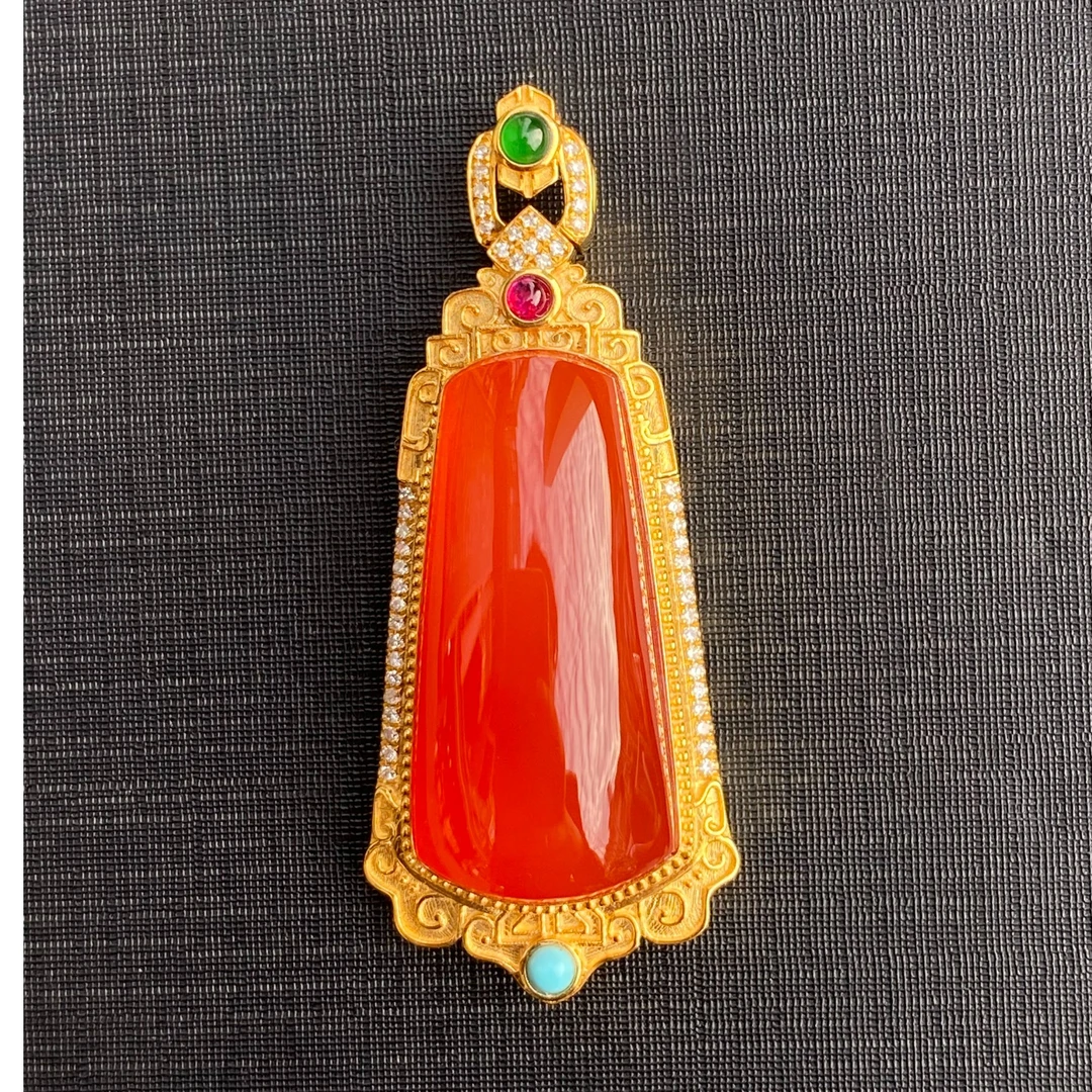 纯天然原矿18k金南红玛瑙无事牌吊坠挂坠冰红气质百高端大气豪华