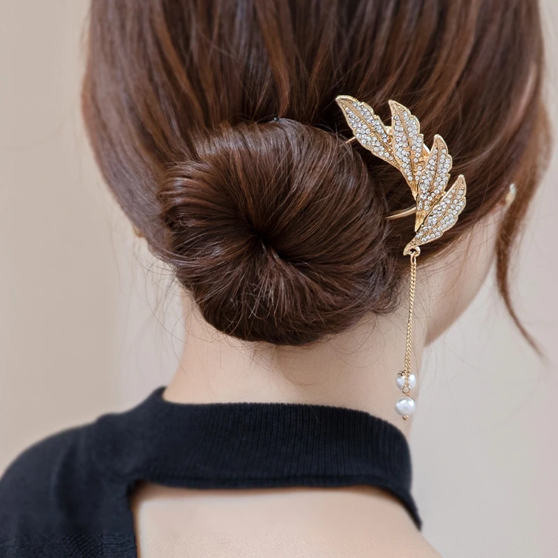 盘发神器韩式金属流苏羽毛发簪女丸子头盘发器后脑勺发卡簪子头饰