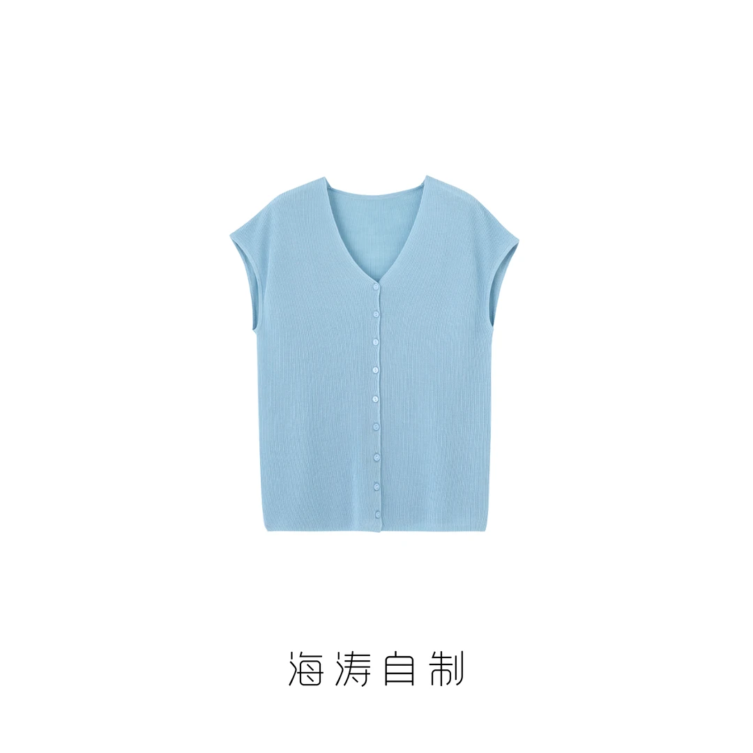 【海涛大叔】「白瑰盛夏」天丝醋酸无袖V领纽扣针织开衫