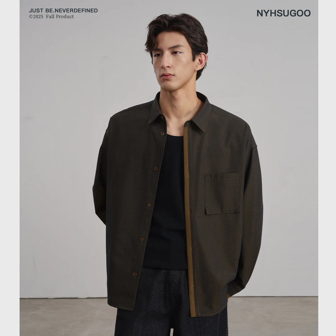 NYHSUGOO/南乙秋季定制双色纱长袖衬衫男士棉感3822茶棕色