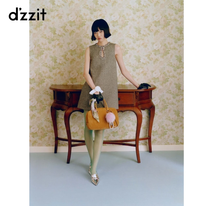 dzzit地素连衣裙春秋复古珠片绣饰边气质无袖短裙女3J1O3171E