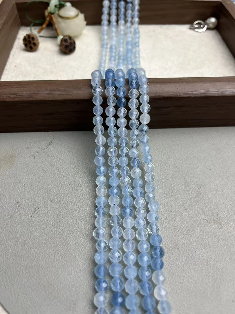 天然6mm左右渐变海蓝宝刻面散珠半成品可DIY做手串锁骨链当配珠