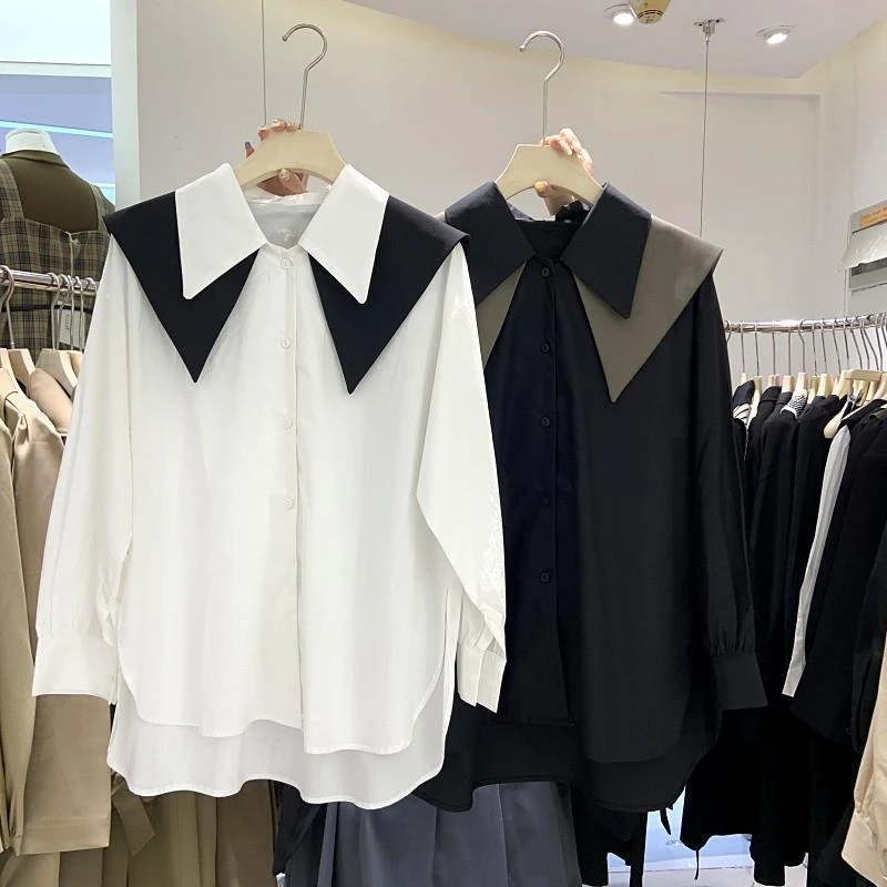 韩国东大门春秋季新款设计感小众撞色双层娃娃领气质减龄衬衫女