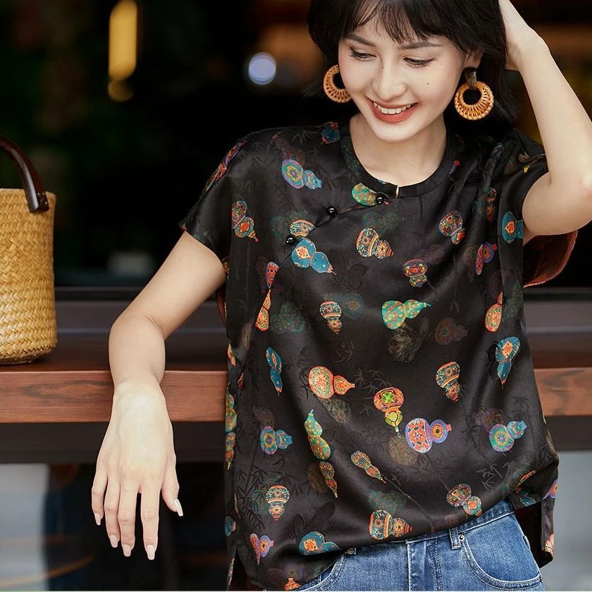 2025夏季新款冰丝葫芦印花国风上衣夏季新款短袖中式复古显瘦衬衫