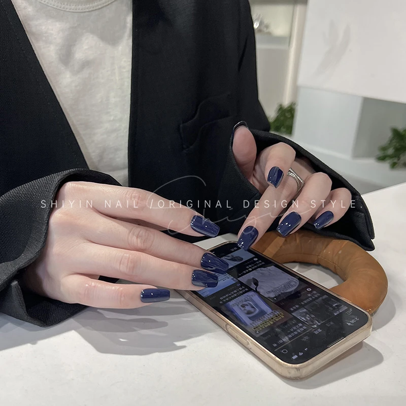 A358 宝蓝色纯色显白纯手工穿戴甲小仙女必备高品质轻奢美甲