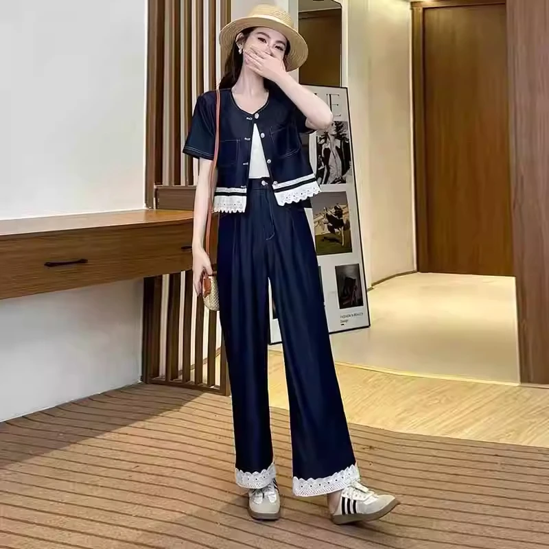 牛仔套装女2025夏季新款蕾丝拼接短袖显瘦阔腿裤小个子穿搭两件套