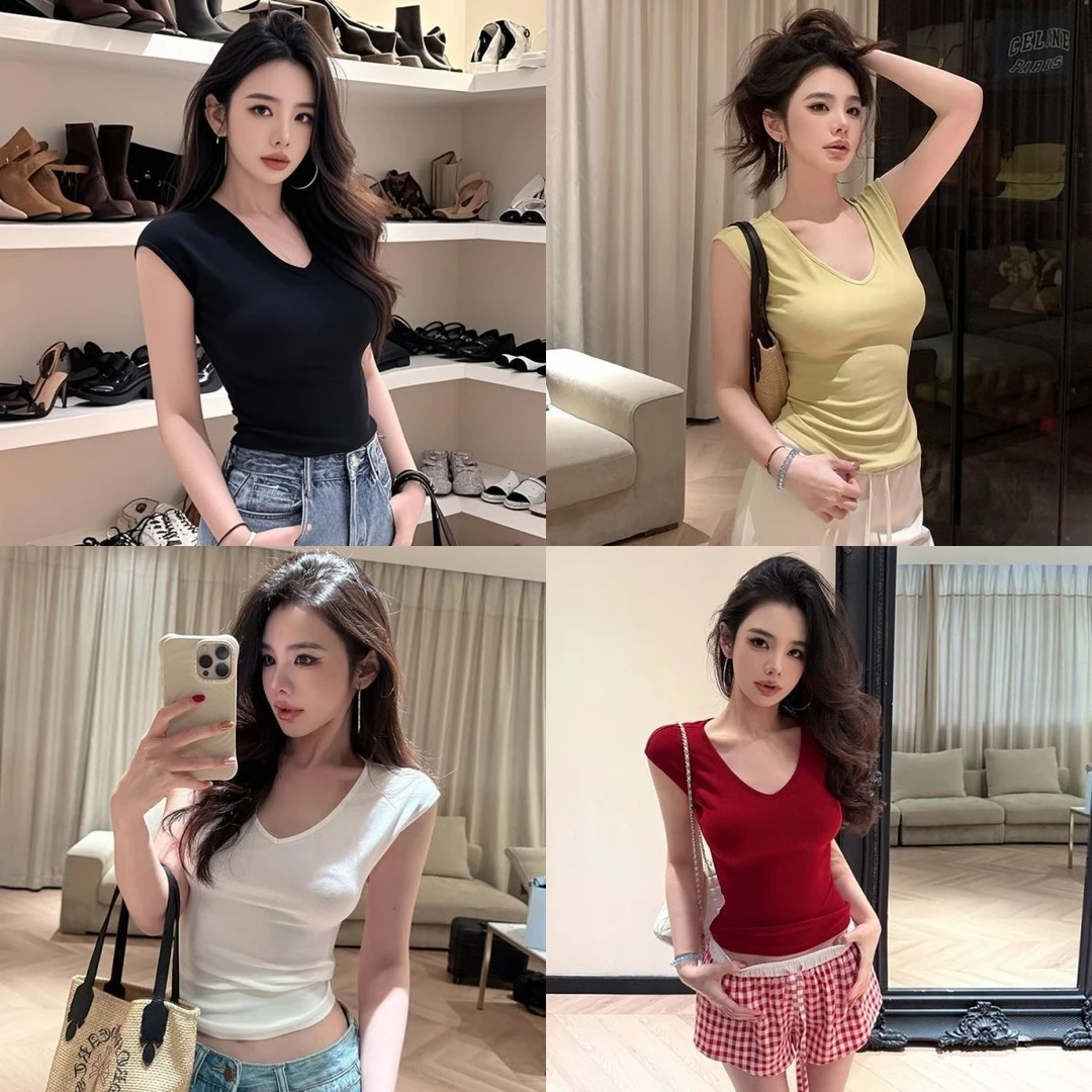 韩版轻柔通勤休闲百搭V领T恤女夏季2025新款气质修身显瘦内搭上衣