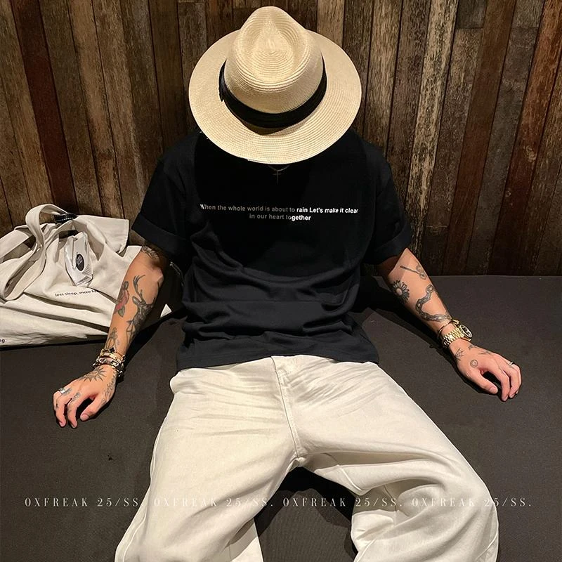 OXFREAK 「英文标语印花」300G纯棉美式复古短袖t恤男圆领五分袖