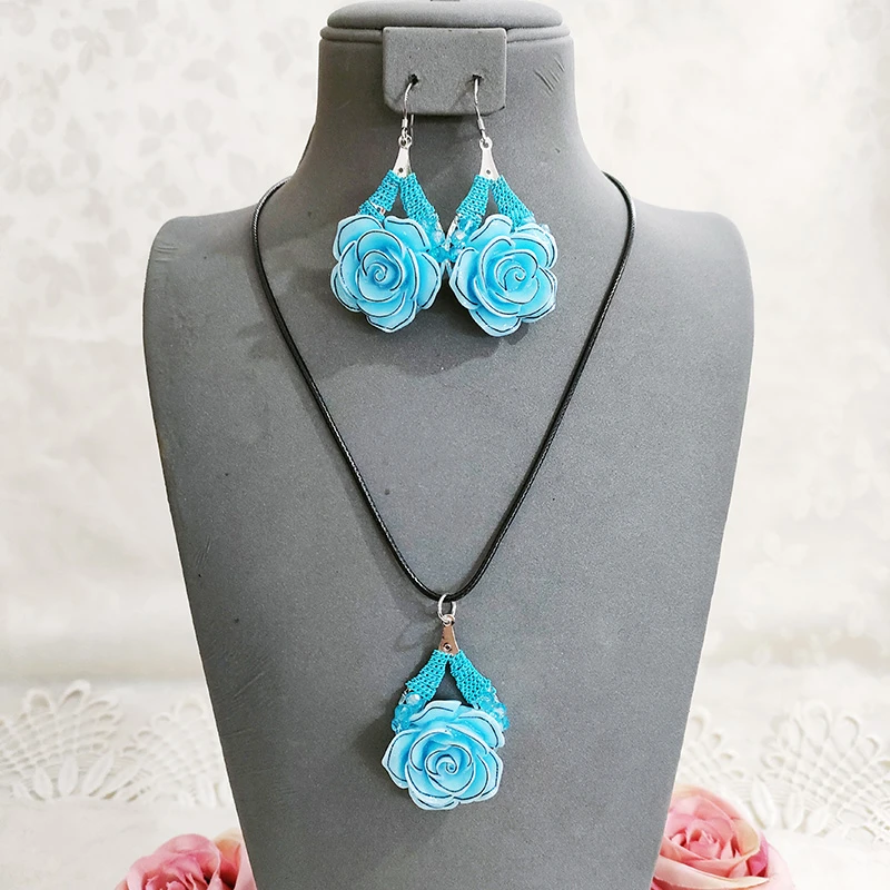 铜合金项链 民族风手工项链套装蓝色花卉耳坠饰品1789