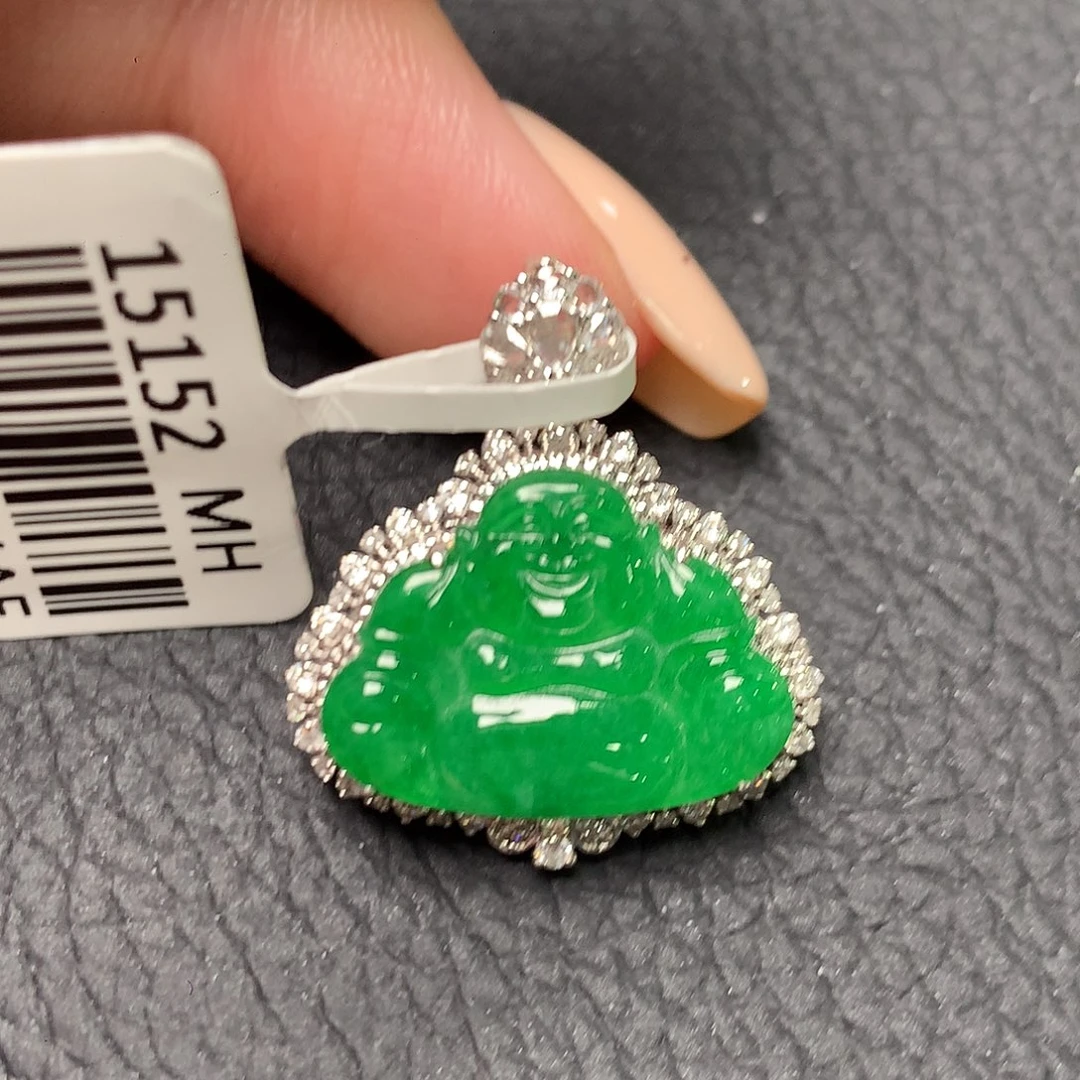 翡翠18K金镶嵌吊坠(不含链)天然翡翠佛公