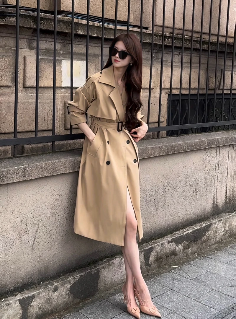 小个子中长款2025年新款春秋卡其色过膝极简风收腰显瘦风衣外套女