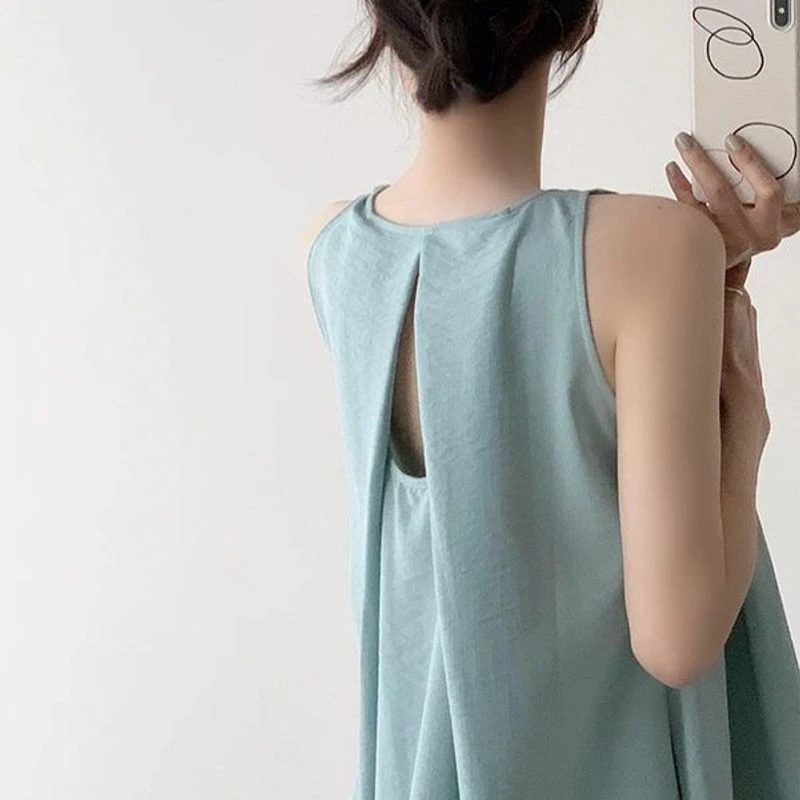 chic日韩露背无袖背心连衣裙女小众设计感宽松百搭显白性感长裙