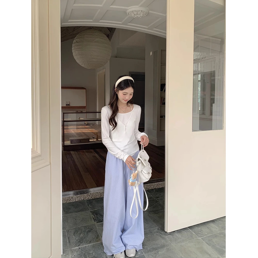 白色挂脖假两件长袖T恤女春夏新款内搭修身圆领打底上衣裤子套装