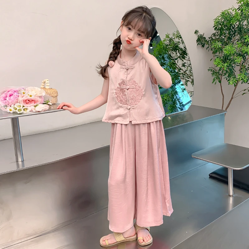 女童新中式套装2025夏季新款小女孩国风刺绣背心阔裤腿汉服两件套