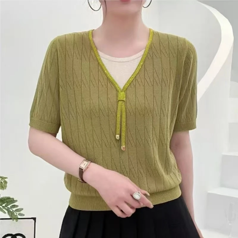 假两件妈妈装夏季短袖针织衫上衣百搭宽松T恤女