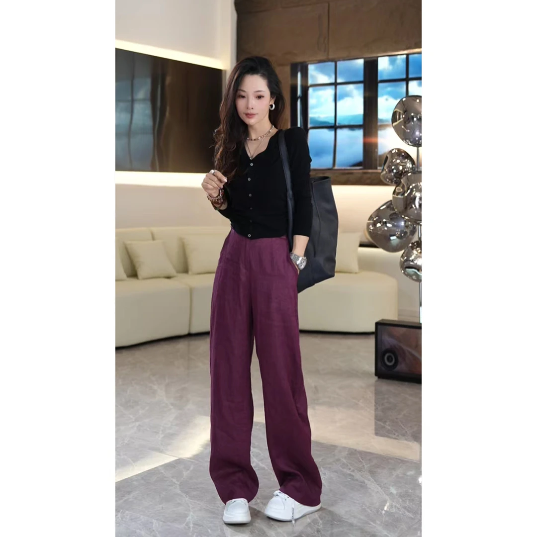 FER显瘦直筒百搭拖地宽松亚麻阔腿裤夏季新款小个子休闲长裤垂感