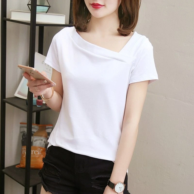 斜领韩版短袖女t恤夏季黑色气质斜肩露锁骨修身显瘦纯色打底上衣