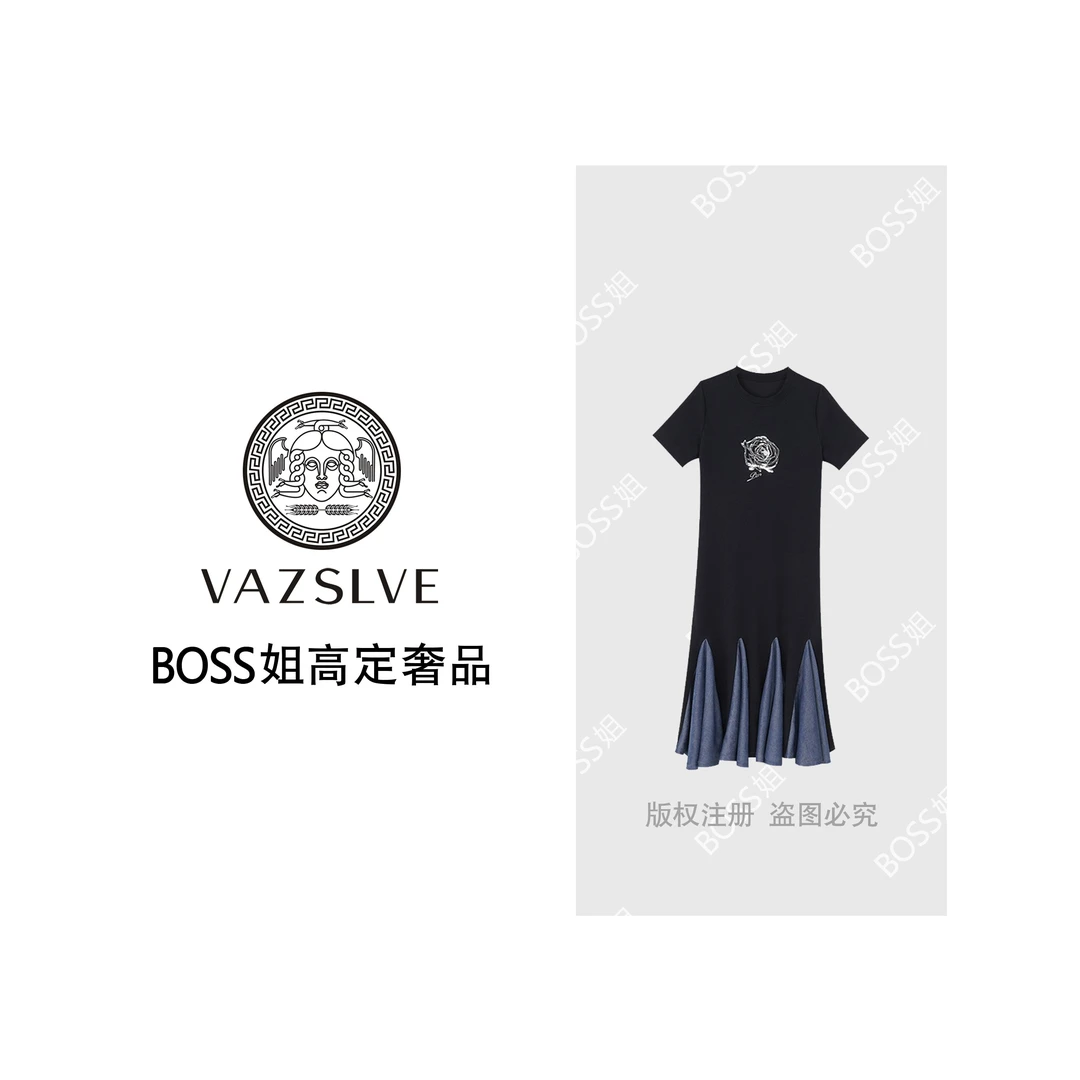 【VAZSLVE/原创设计】时尚设计感重工剌绣拼接下摆连衣裙352088