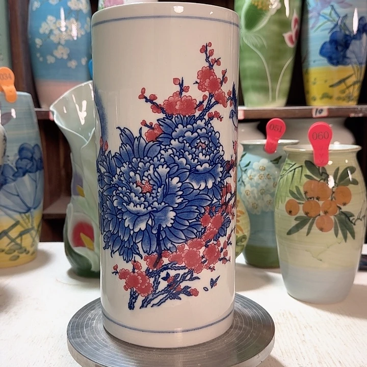 直筒高33青花红牡丹新款新款陶瓷陶瓷