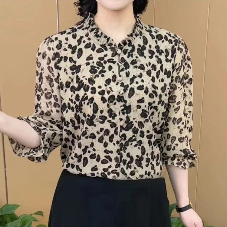 夏季新款时尚高级感豹纹印花衬衣气质显瘦洋气中袖减龄衬衫上衣