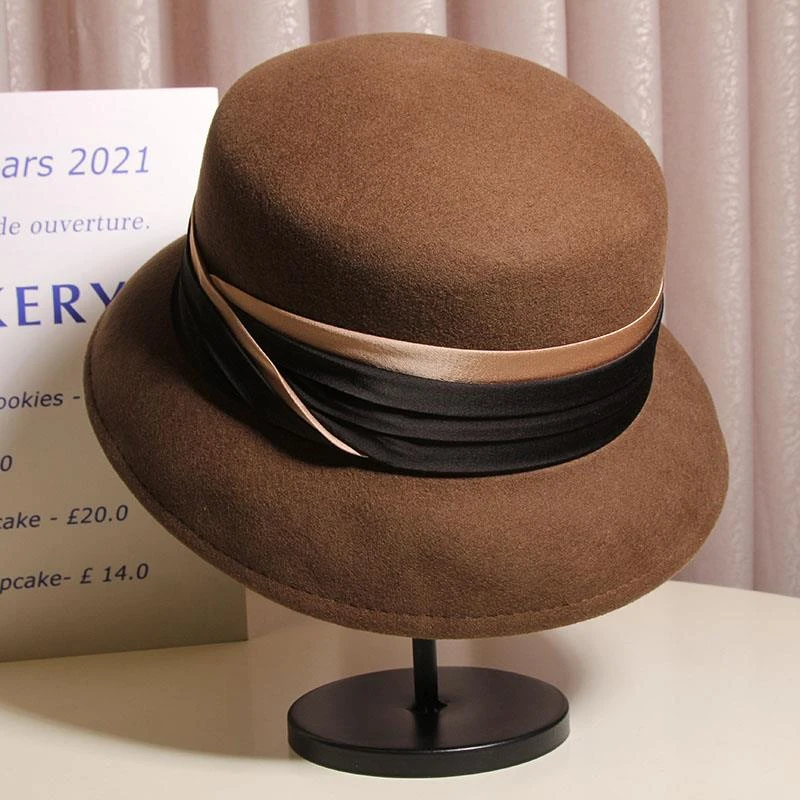 2025秋冬新款高档羊毛礼帽法式英伦灯罩帽女士时尚显脸小毛呢盆帽