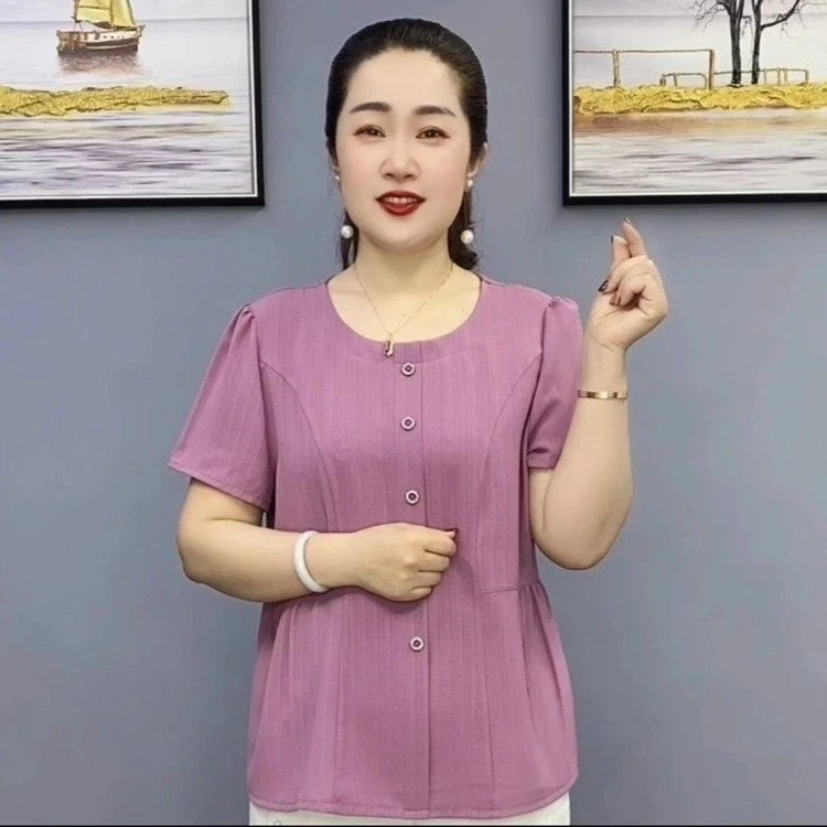 纯色圆领大码套头上衣宽松显瘦遮肚收腰洋气气质中老年妈妈装