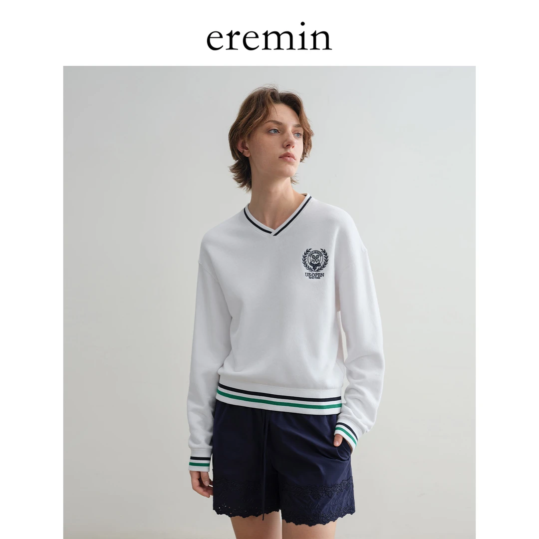 DE MincollectionV领刺绣卫衣/美式学院风V领刺绣套头卫衣40265