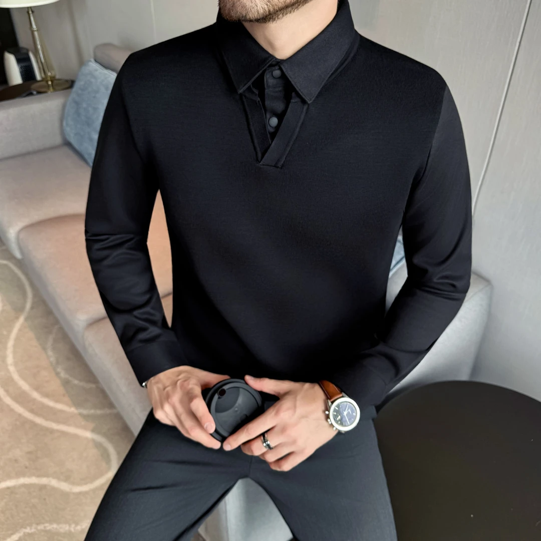 秋冬假两件针织衫男加厚毛呢衬衫拼接V领背心儒雅精致修身打底衫