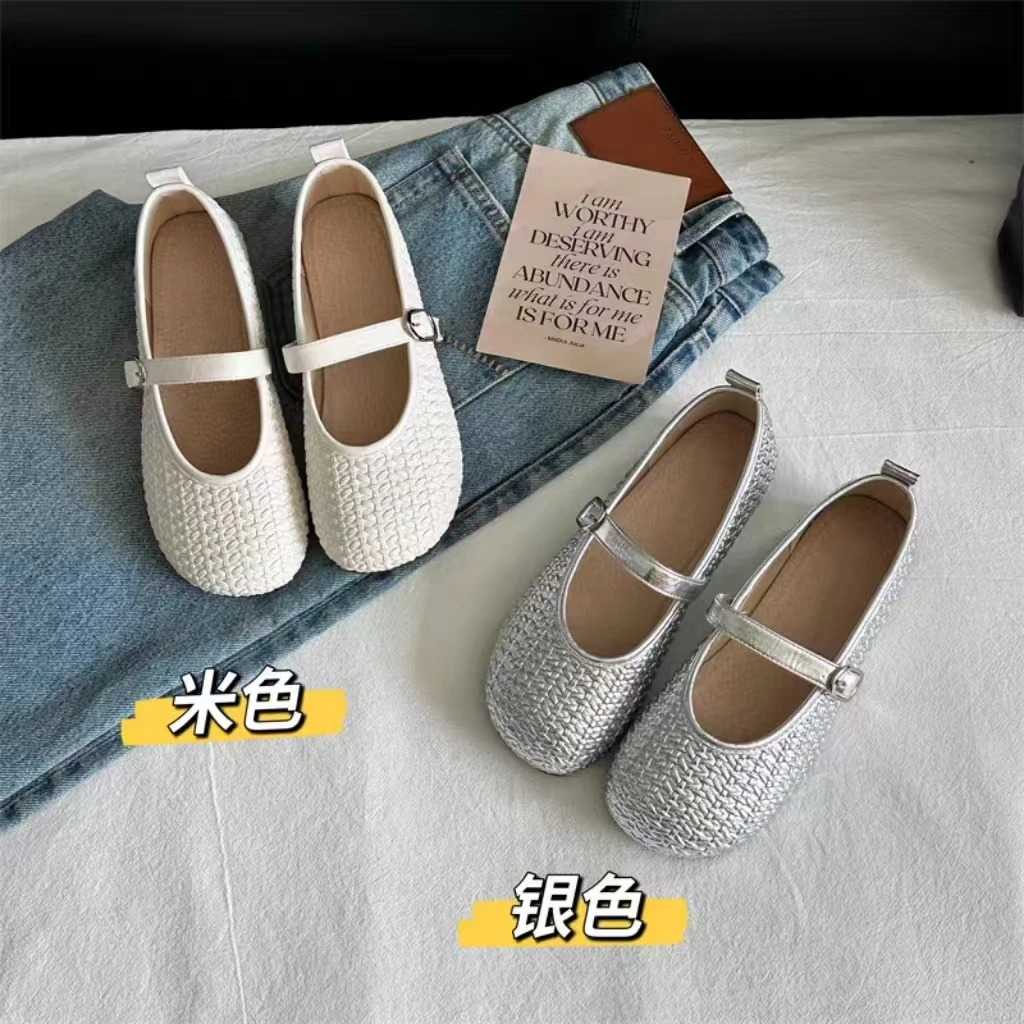 818-03大码女鞋玛丽珍法式单鞋2025新款浅口一脚蹬时尚编织百搭