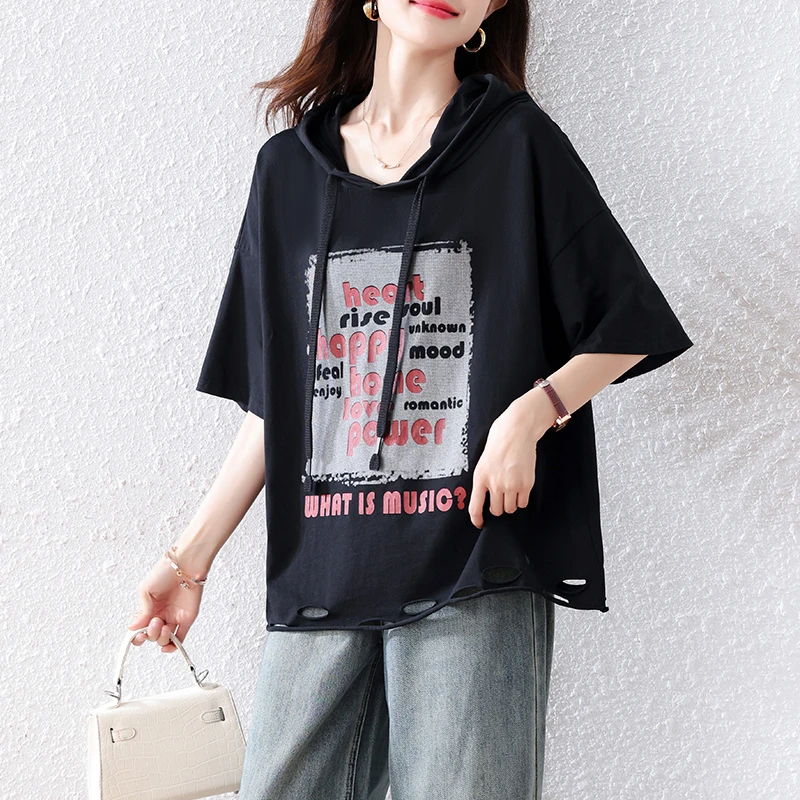 2025夏季新款休闲简约印花连帽破洞短袖恤女宽松显瘦百搭减龄上衣