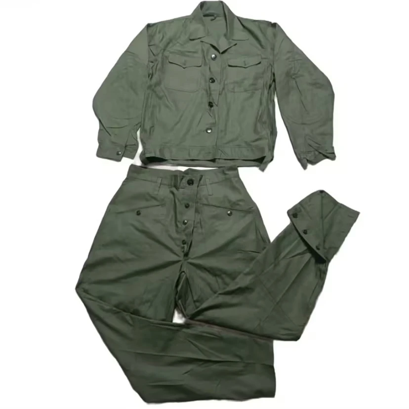 {冬小脚套装}草绿色带补丁耐磨耐穿工作裤裤角带纽扣适合冬季