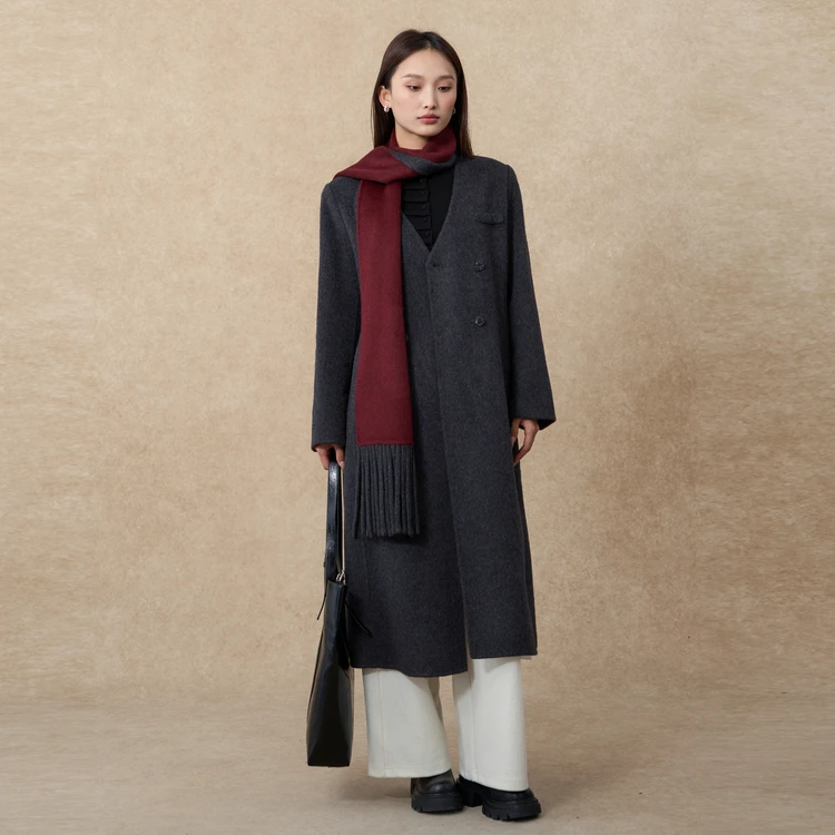 西町村屋气质大衣女装2025冬季新款撞色设计羊毛双面呢XHAD10136